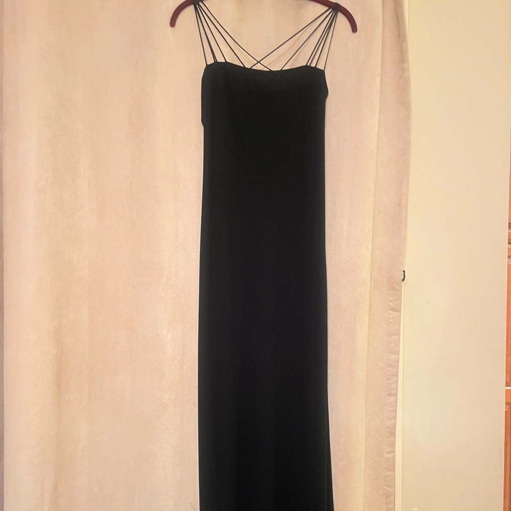 Compliance Elegance Women’s floor length black dress w/thin straps& side zip